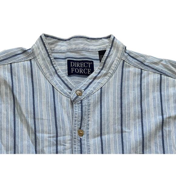 DIRECT FORCE Mens XL Button Down Blue Cotton Shirt Y2K Band Collar Hong Kong - Picture 2 of 5